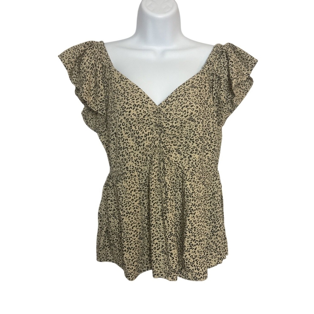 Japna Womens‎ Med Brown Babydoll Top Blouse Animal Print Ruffle Mob Wife Flowy